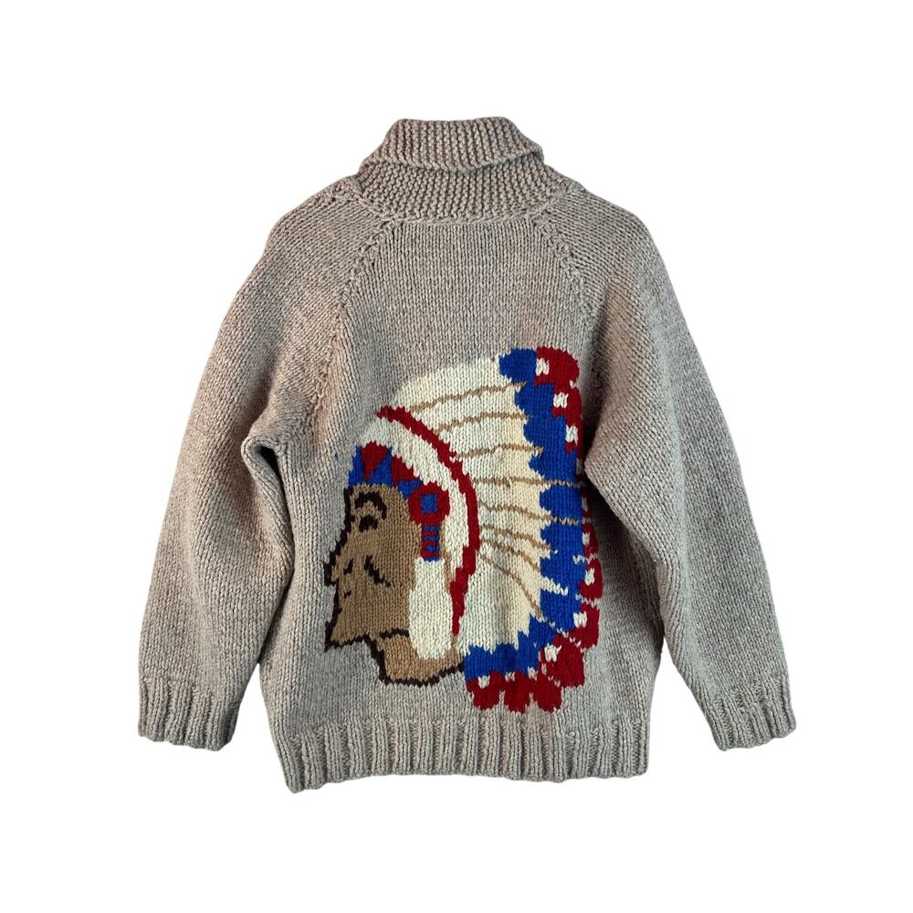 VTG Handknit Cowichan Chunky Knit Wool Sweater Talon Zipper Nylon Lining